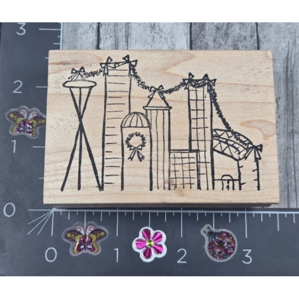 Impress Christmas Wreathe Holiday Seattle Skyline City Rubber Stamp Wood #L9